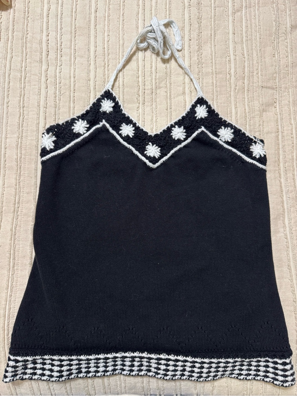 Y2K LOFT Black Halter Top with White Crochet Trim